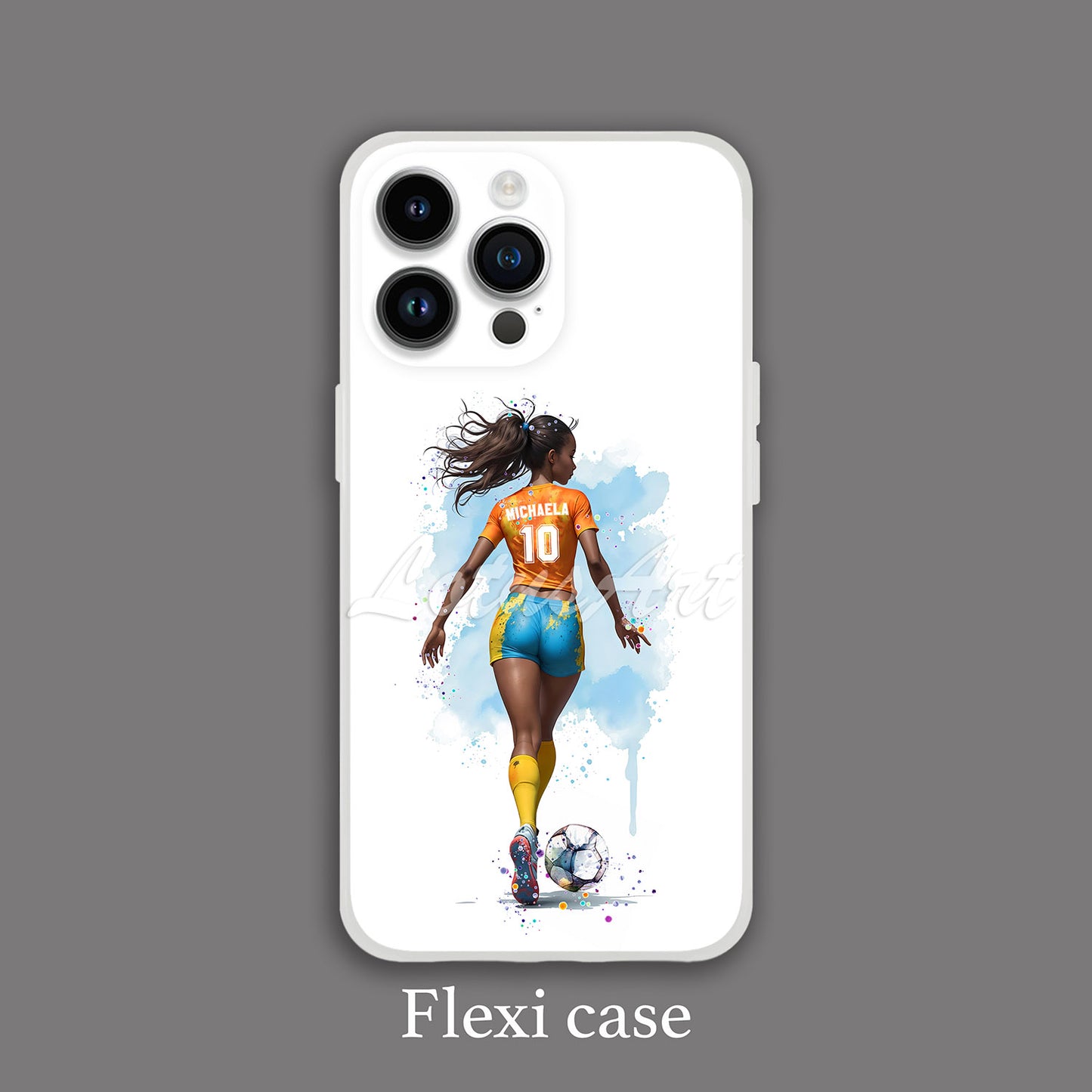 Black girl soccer personalized sports phone case watercolor art, orange blue kit, custom name & number, flexi case iPhone