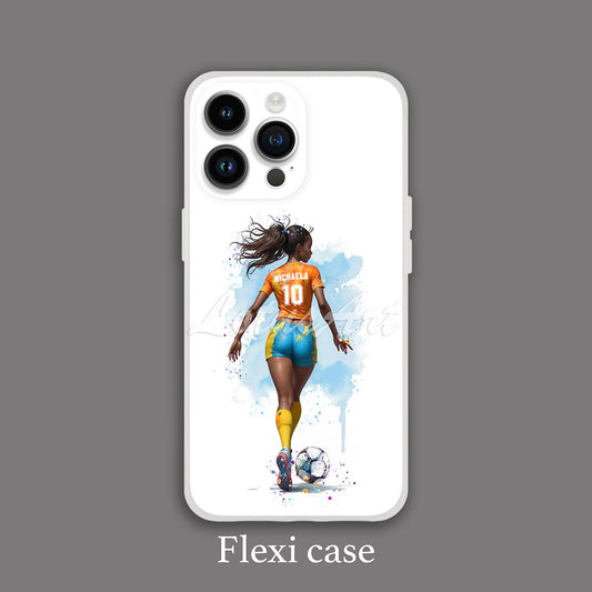 Black girl soccer personalized sports phone case watercolor art, orange blue kit, custom name & number, flexi case iPhone
