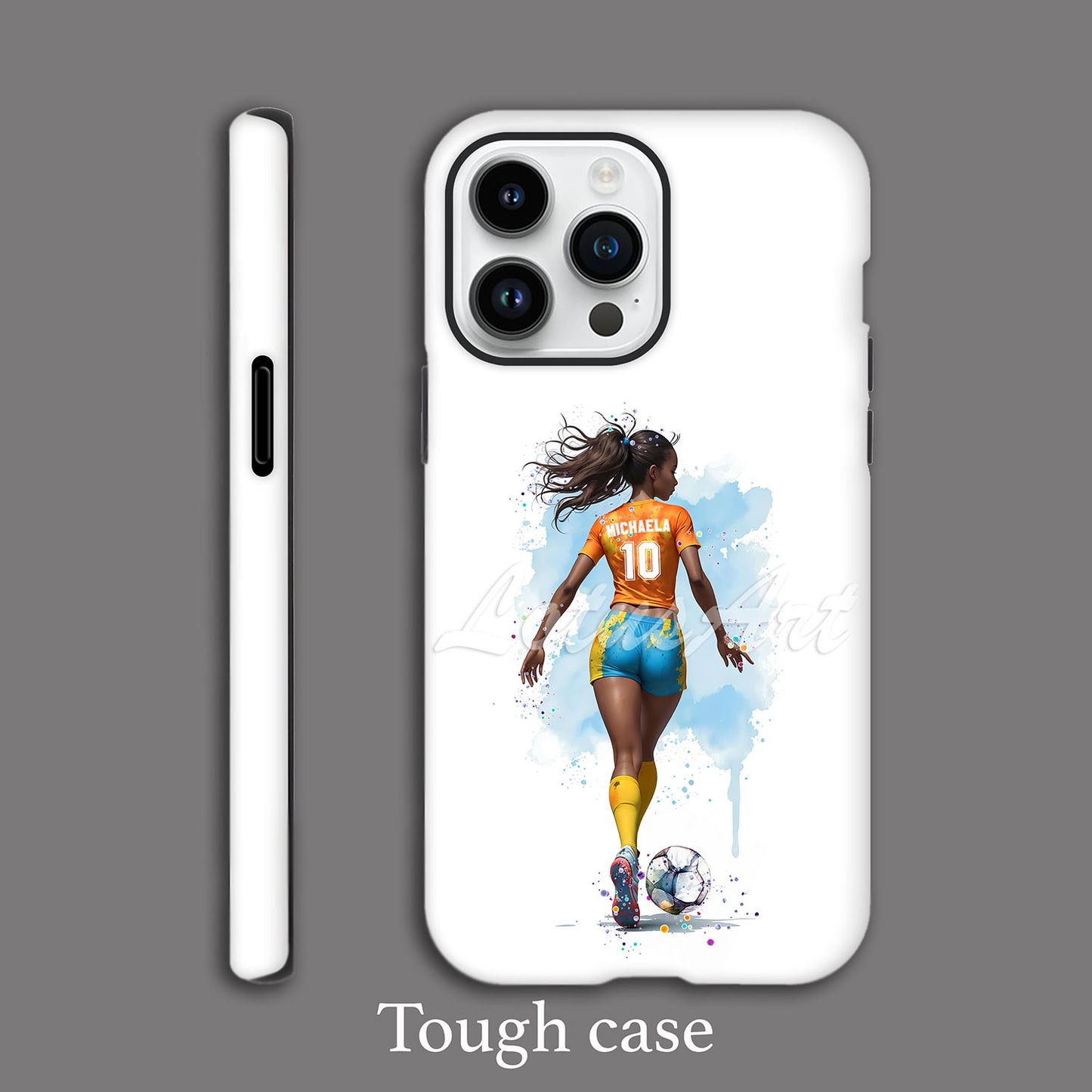 Black girl soccer personalized sports phone case watercolor art, orange blue kit, custom name & number, tough case iPhone