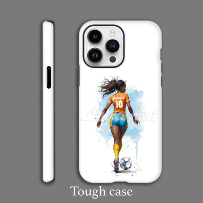 Black girl soccer personalized sports phone case watercolor art, orange blue kit, custom name & number, tough case iPhone