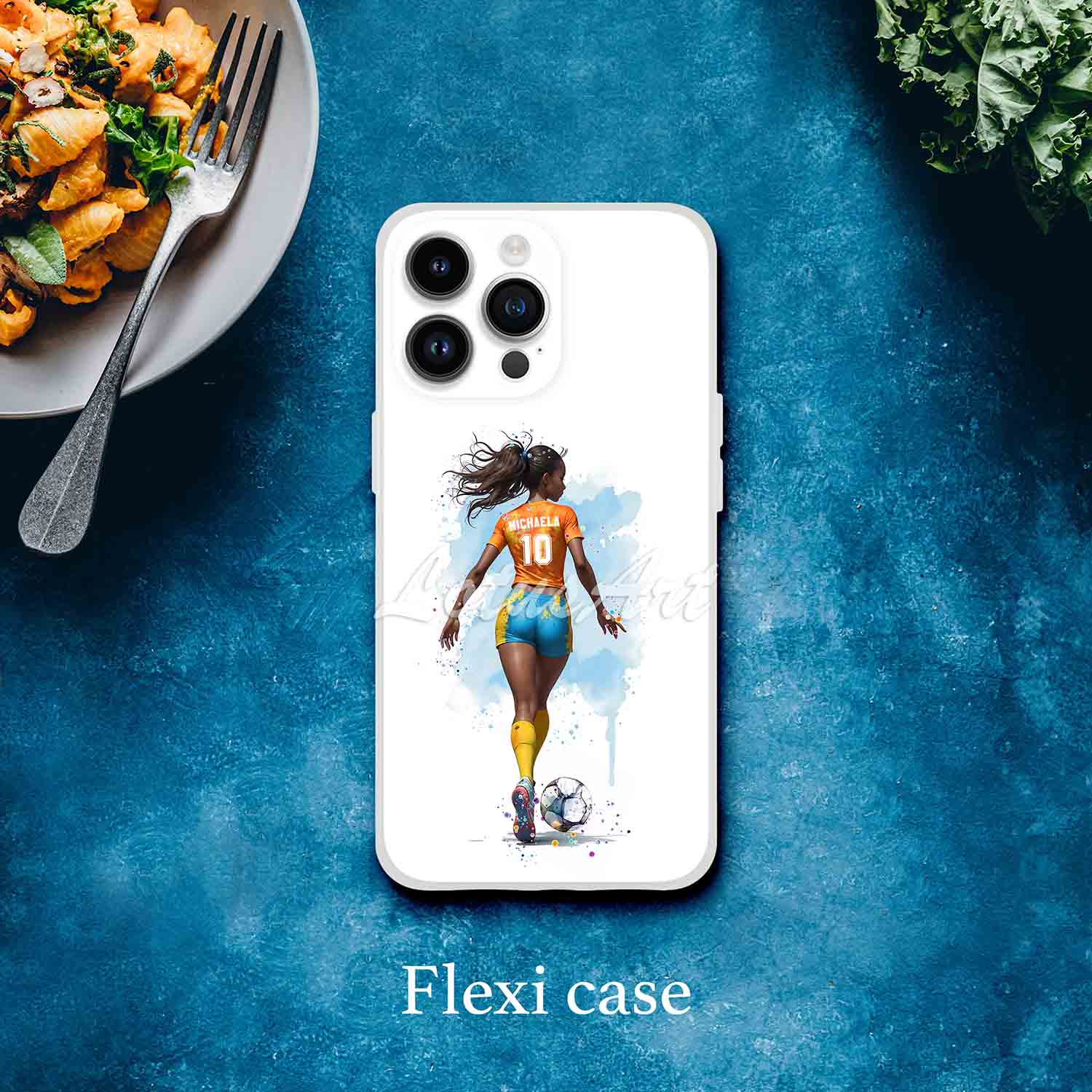 Black girl soccer personalized sports phone case watercolor art, custom name & number, flexi case lifestyle