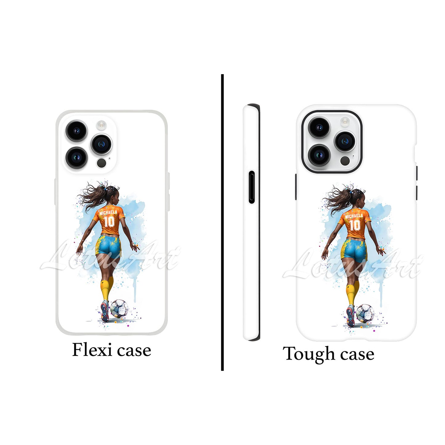 Black girl soccer personalized sports phone case watercolor art, custom name & number, flexi case and tough case front view