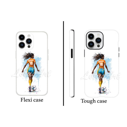 Black girl soccer personalized sports phone case watercolor art, custom name & number, flexi case and tough case front view