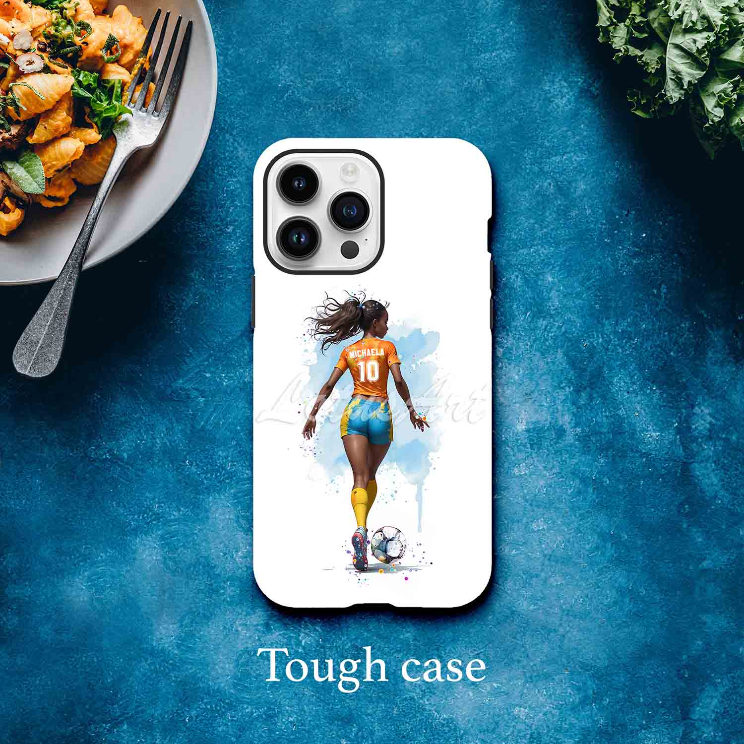 Black girl soccer personalized sports phone case watercolor art, custom name & number, tough case lifestyle