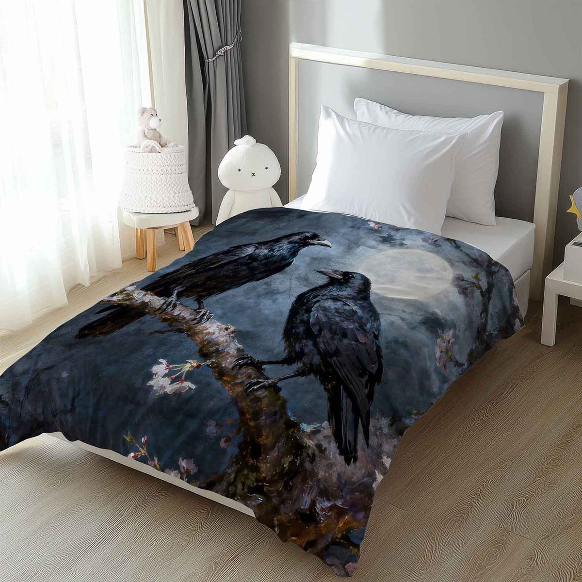 Black raven couple comforter in alternative dark decor style, gothic watercolor bedding close-up for bird lovers