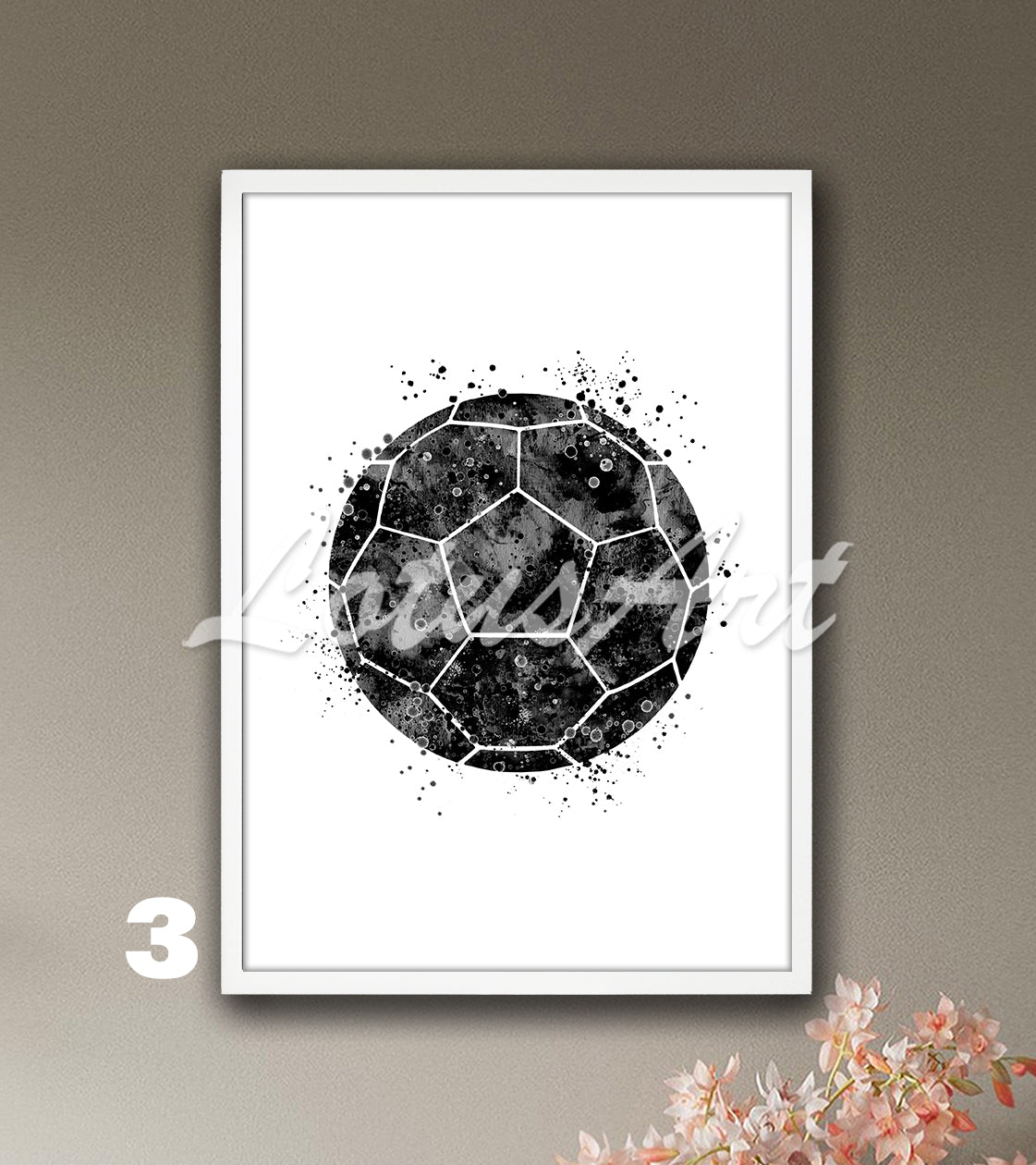 Black soccer ball watercolor art print - minimalist football sports decor