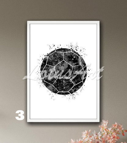 Black soccer ball watercolor art print - minimalist football sports decor
