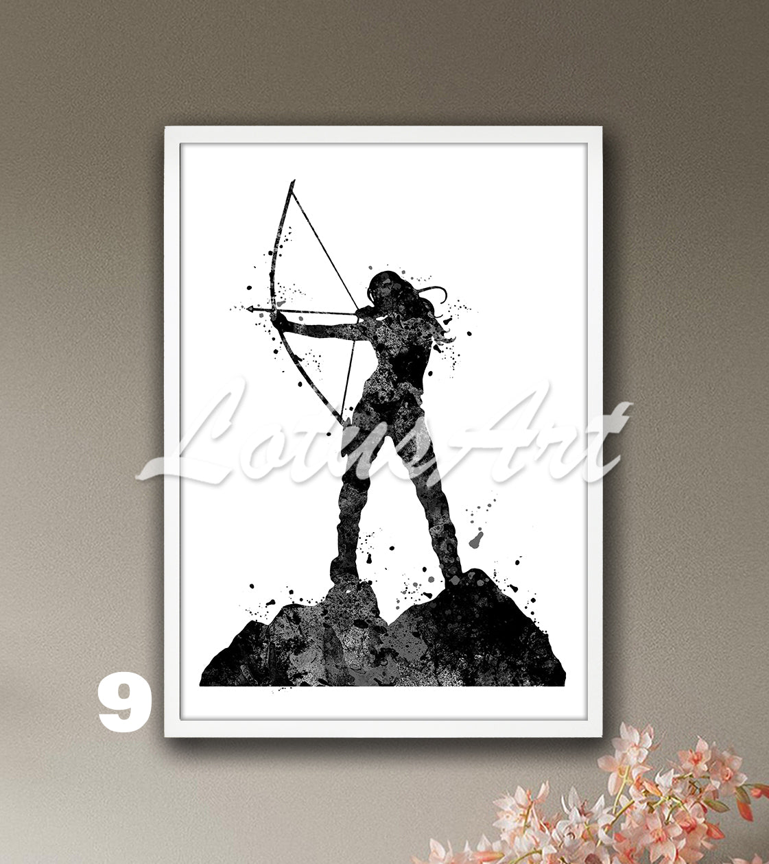 Black white archery girl sports wall art - minimalist watercolor poster