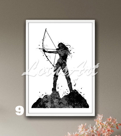 Black white archery girl sports wall art - minimalist watercolor poster