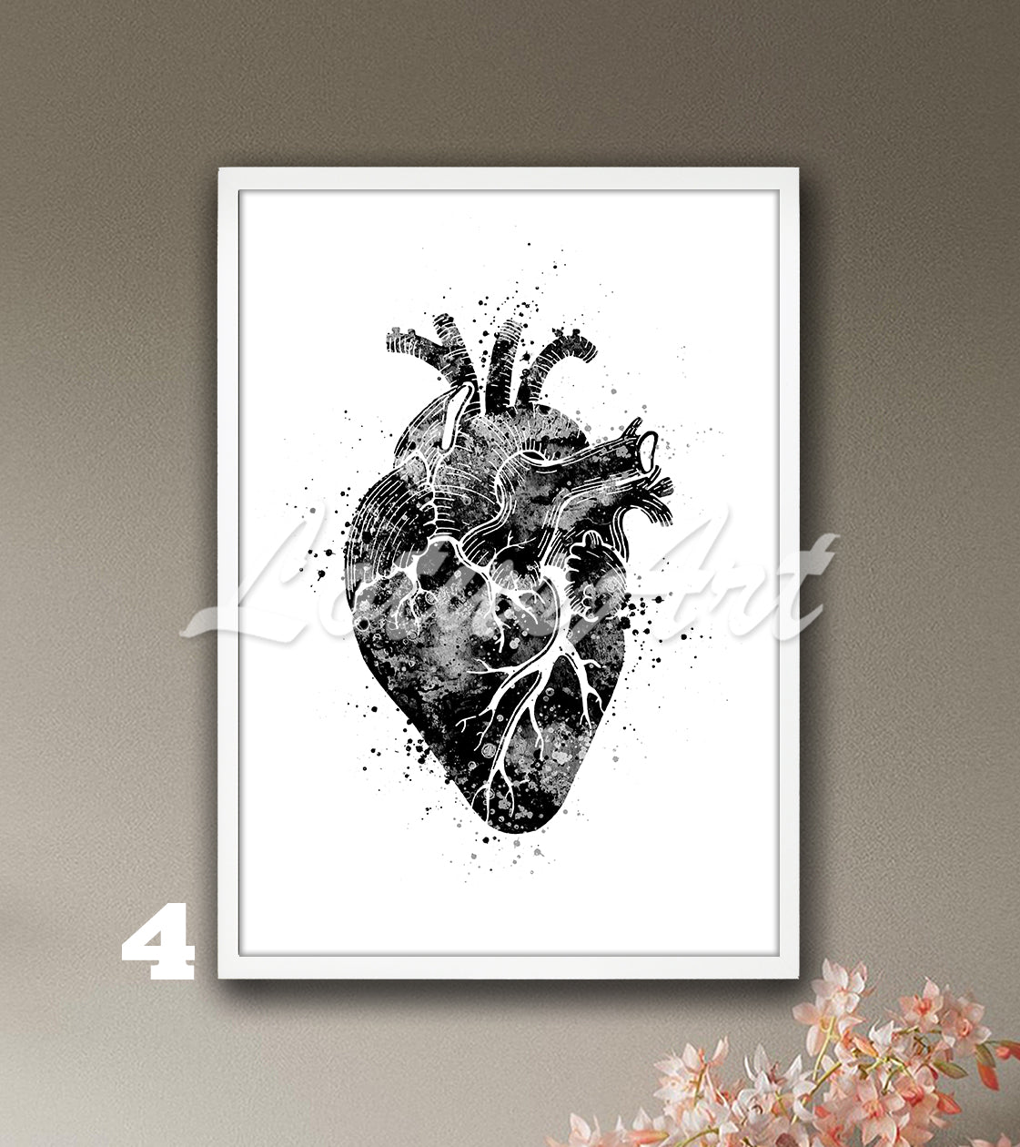 Art print of a watercolor art showing the anatomy of the human heart in black-white on a white background.