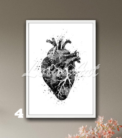 Art print of a watercolor art showing the anatomy of the human heart in black-white on a white background.