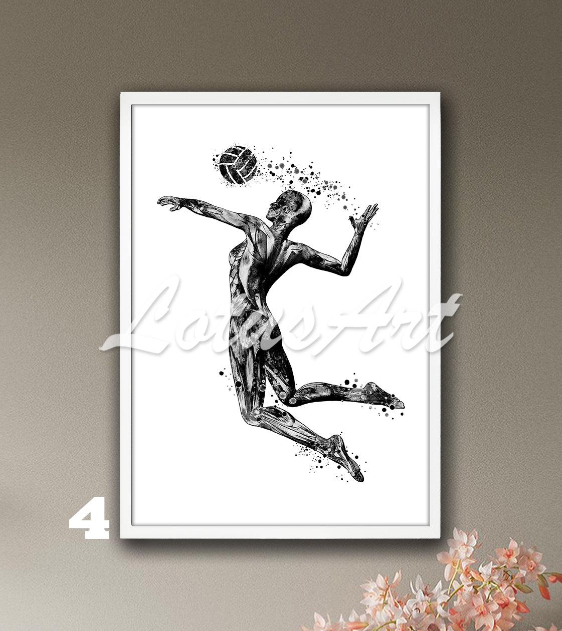 Black white body muscles anatomy art of a girl volleyball, watercolor print for sports medical decor.