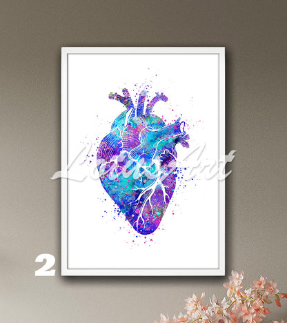 Art print of a stunning blue-purple watercolor art showing the anatomy of the human heart on a white background.