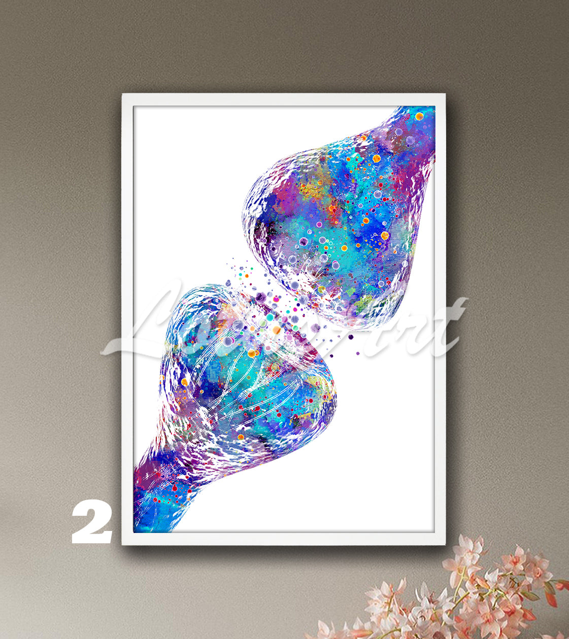 Art print of blue-purple watercolor painting of synapse brain nerve cells receptor – stunning science wall decor.