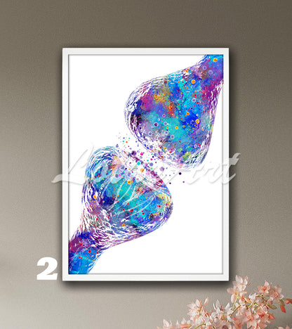 Art print of blue-purple watercolor painting of synapse brain nerve cells receptor – stunning science wall decor.
