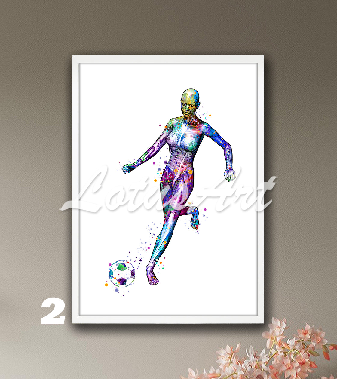 Body muscles anatomy art of a girl soccer with a ball, sports wall decor, medical watercolor print.