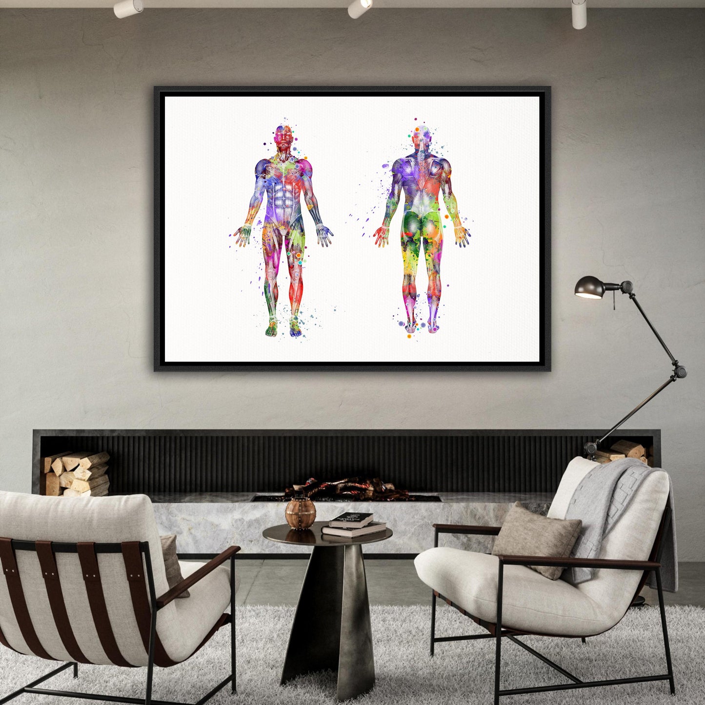 Framed canvas art print showing body muscles anatomy, watercolor medical painting of human musculature in multicolor.