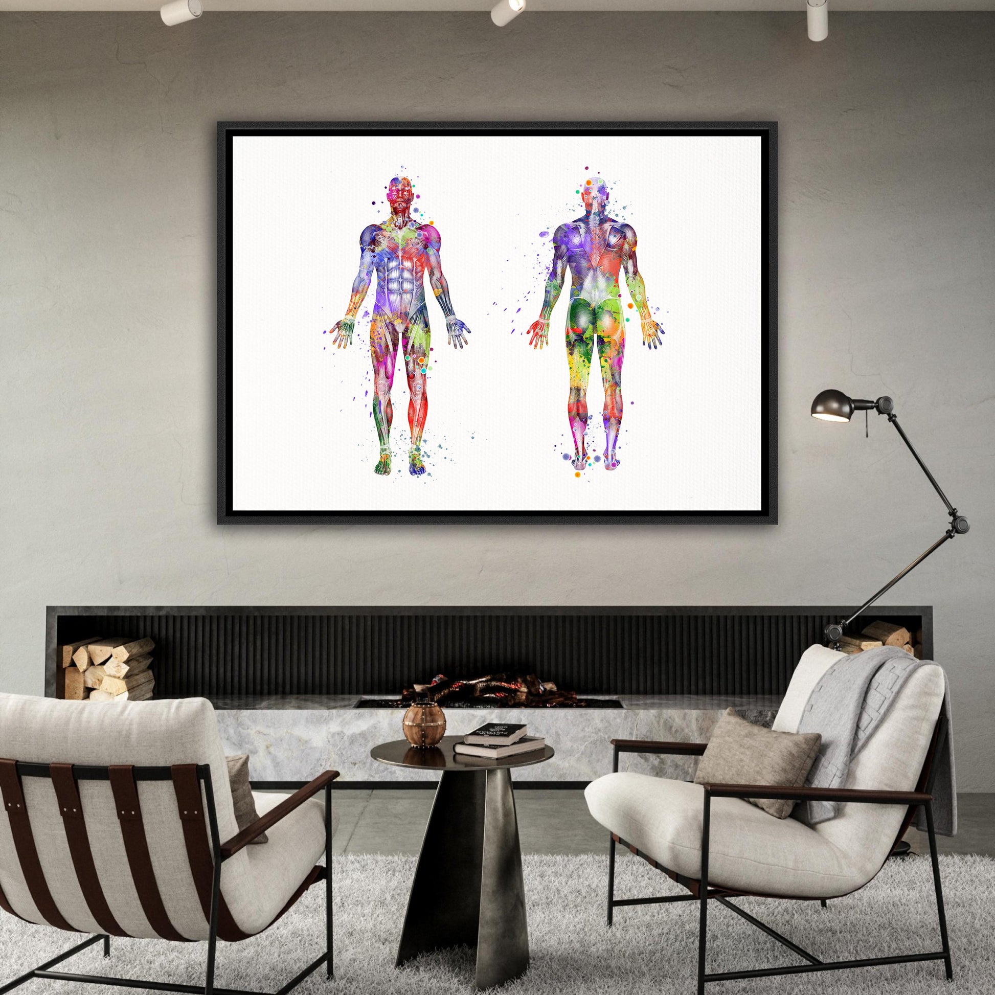 Framed canvas art print showing body muscles anatomy, watercolor medical painting of human musculature in multicolor.