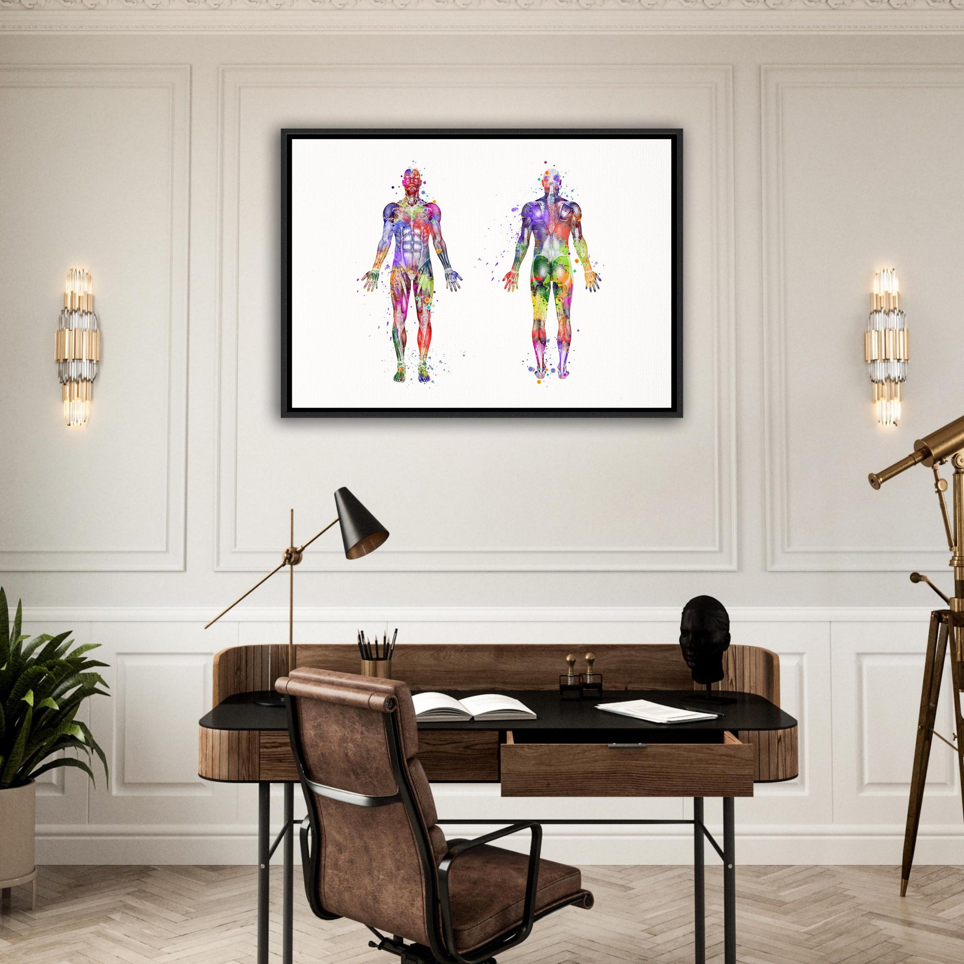 Body muscles anatomy framed canvas art print depicting watercolor medical painting of human musculature in multicolor.