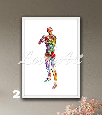 Body muscles anatomy art print of a girl boxing, multicolor watercolor wall decor, medical artwork, sports medicine art.