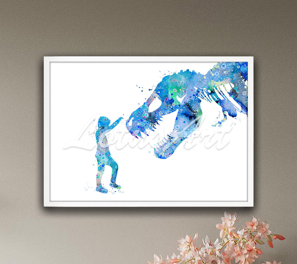 Boy & Dinosaur T-Rex Watercolor Art Print – Nursery Wall Decor & Kids Gifts