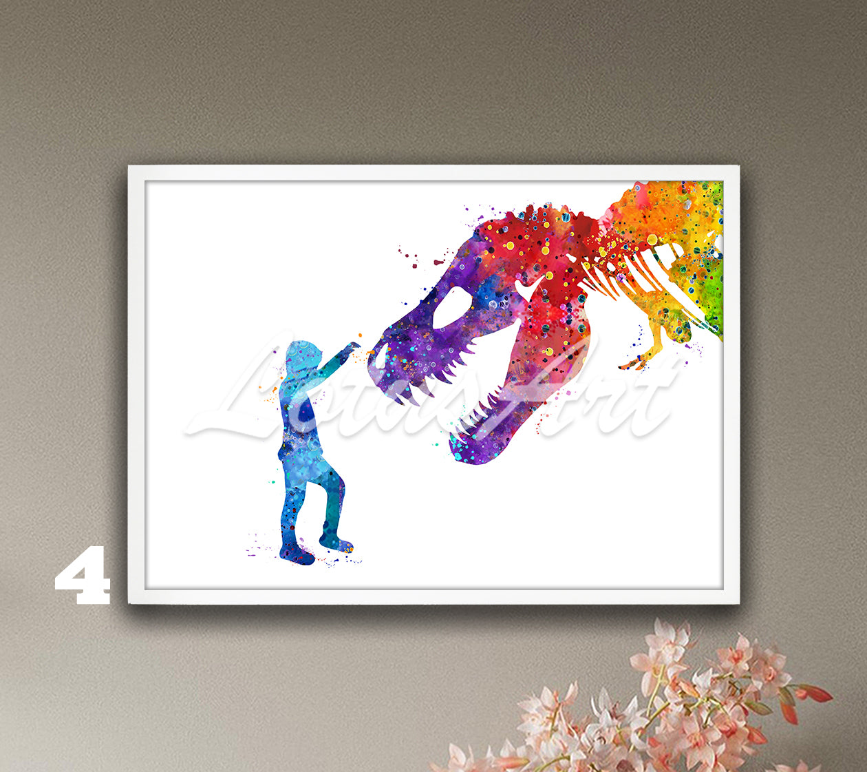 Boy and T-Rex dinosaur watercolor wall art for prehistoric wild animals in vivid rainbow tones, best kids room gift