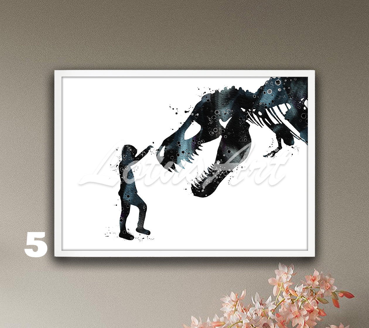 Black-white boy and T-Rex dinosaur watercolor art print for prehistoric animals decor, bold dinosaur lover gift