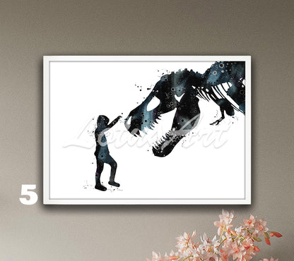Black-white boy and T-Rex dinosaur watercolor art print for prehistoric animals decor, bold dinosaur lover gift