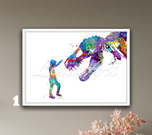 Boy and T-Rex dinosaur watercolor wall art print for prehistoric animals kids room wall decor in blue-purple multicolor tones