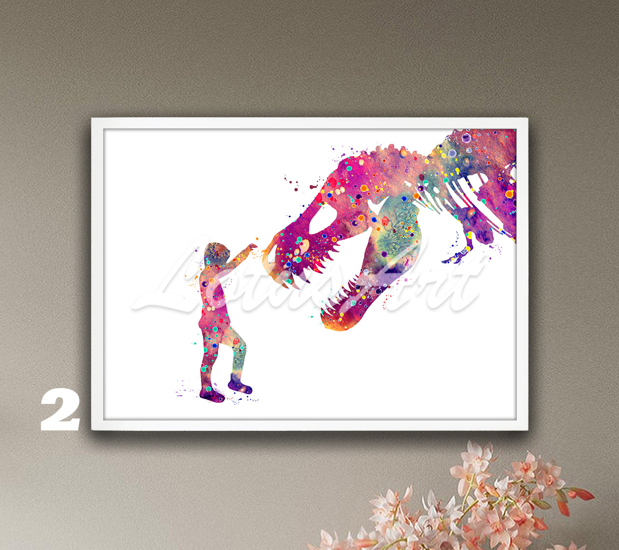 Boy and T-Rex dinosaur watercolor wall decor for prehistoric wild animals in warm colorful tones, unique kids gift