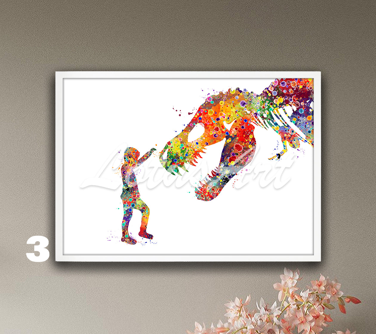 Boy and T-Rex dinosaur watercolor wall decor for prehistoric animals bright multicolor tones, kids dinosaur gift