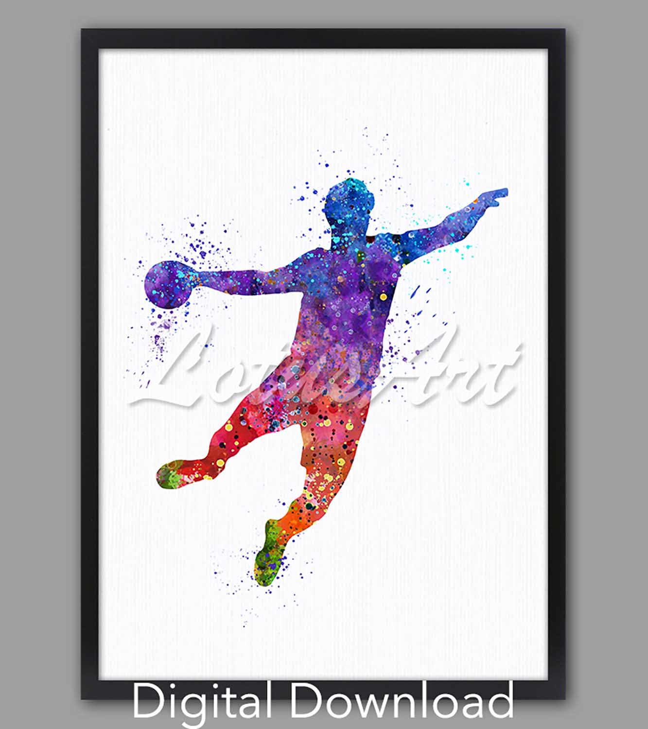 Boy handball player watercolor painting in rainbow, sports wall art, instant digital download for boys room & sports decor