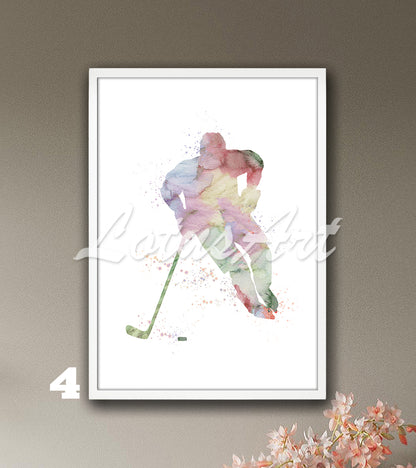 Boy ice hockey watercolor sports art poster - winter wall decor in pastel