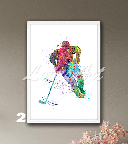 Boy ice hockey watercolor sports wall art poster - kids room decor in rainbow tones