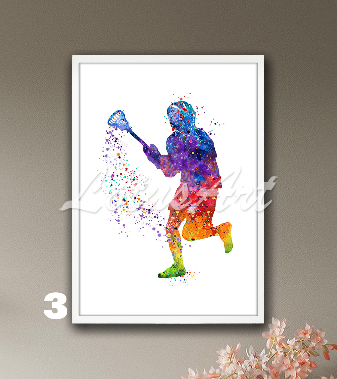 Boy lacrosse watercolor sports art print in rainbow tones - kids room wall decor