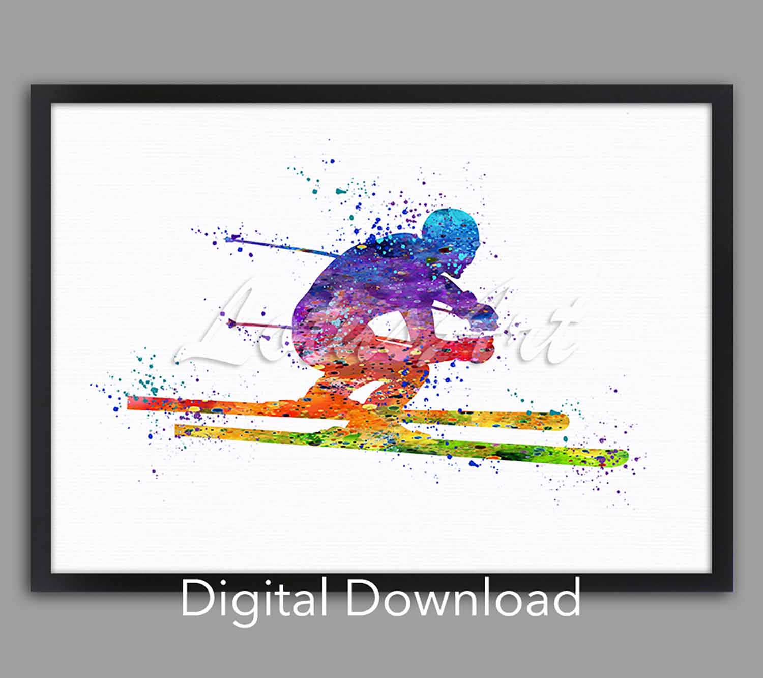 Boy skiing instant digital download, watercolor print, winter sports kids gift & nursery wall art in colorful rainbow tones