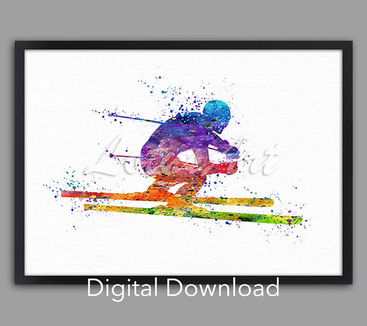 Boy skiing instant digital download, watercolor print, winter sports kids gift & nursery wall art in colorful rainbow tones