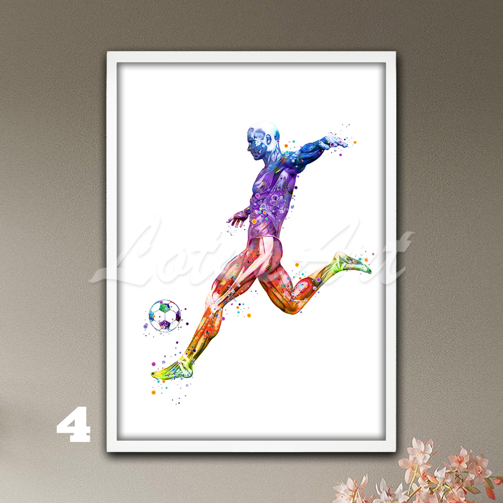 Body muscles anatomy art of a male soccer, rainbow watercolor print for sports medical decor.