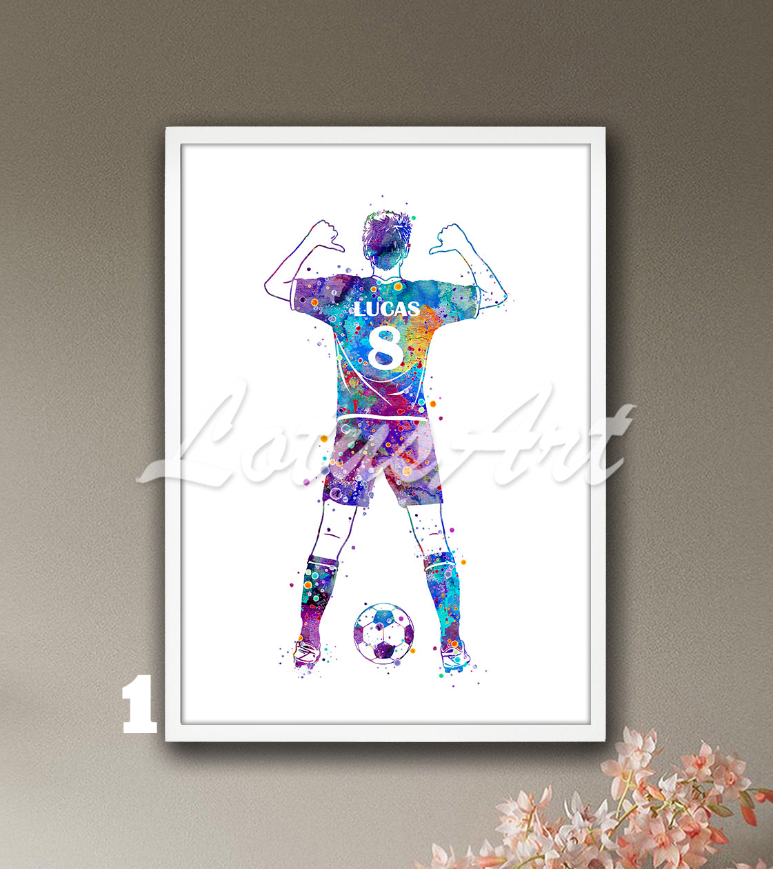 Custom sports art print depicting a male soccer player – multicolor watercolor painting with name and jersey number.