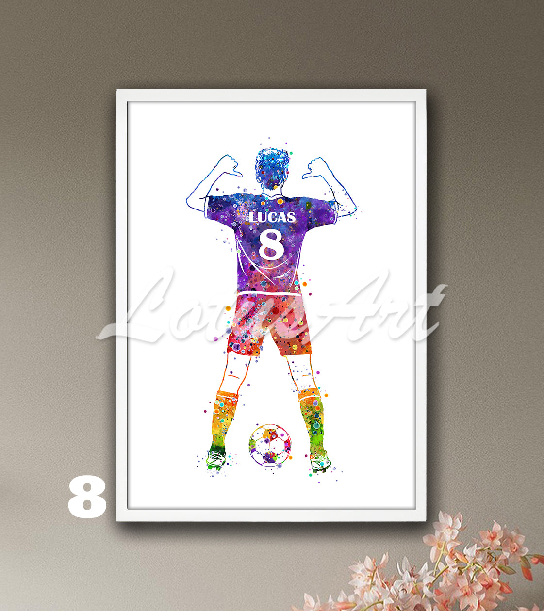 Custom sports art print depicting a male soccer player – watercolor painting in rainbow colors with name and jersey number.