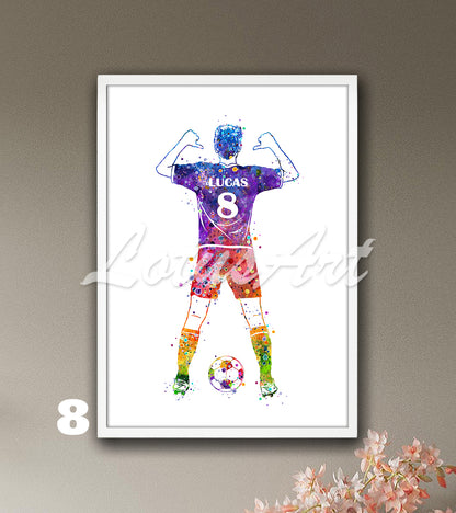 Custom sports art print depicting a male soccer player – watercolor painting in rainbow colors with name and jersey number.