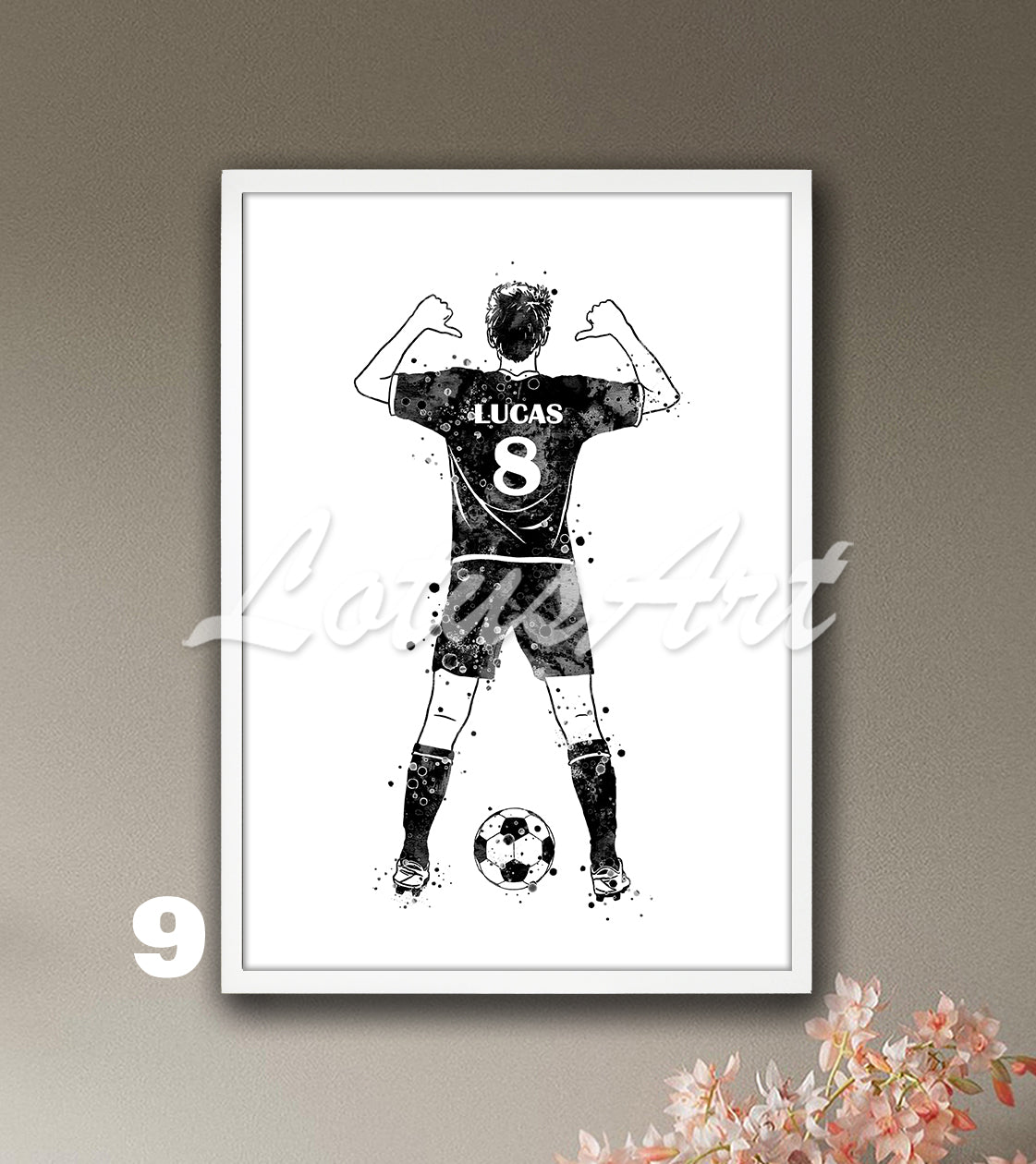 Custom sports art print depicting a male soccer player – watercolor painting in black-white with name and jersey number.
