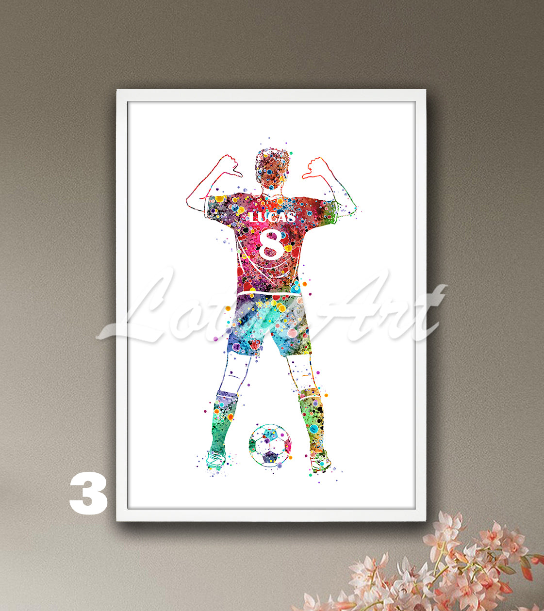 Custom sports art print showing a male soccer player – watercolor painting in rainbow colors with name and jersey number.