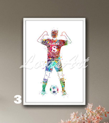 Custom sports art print showing a male soccer player – watercolor painting in rainbow colors with name and jersey number.