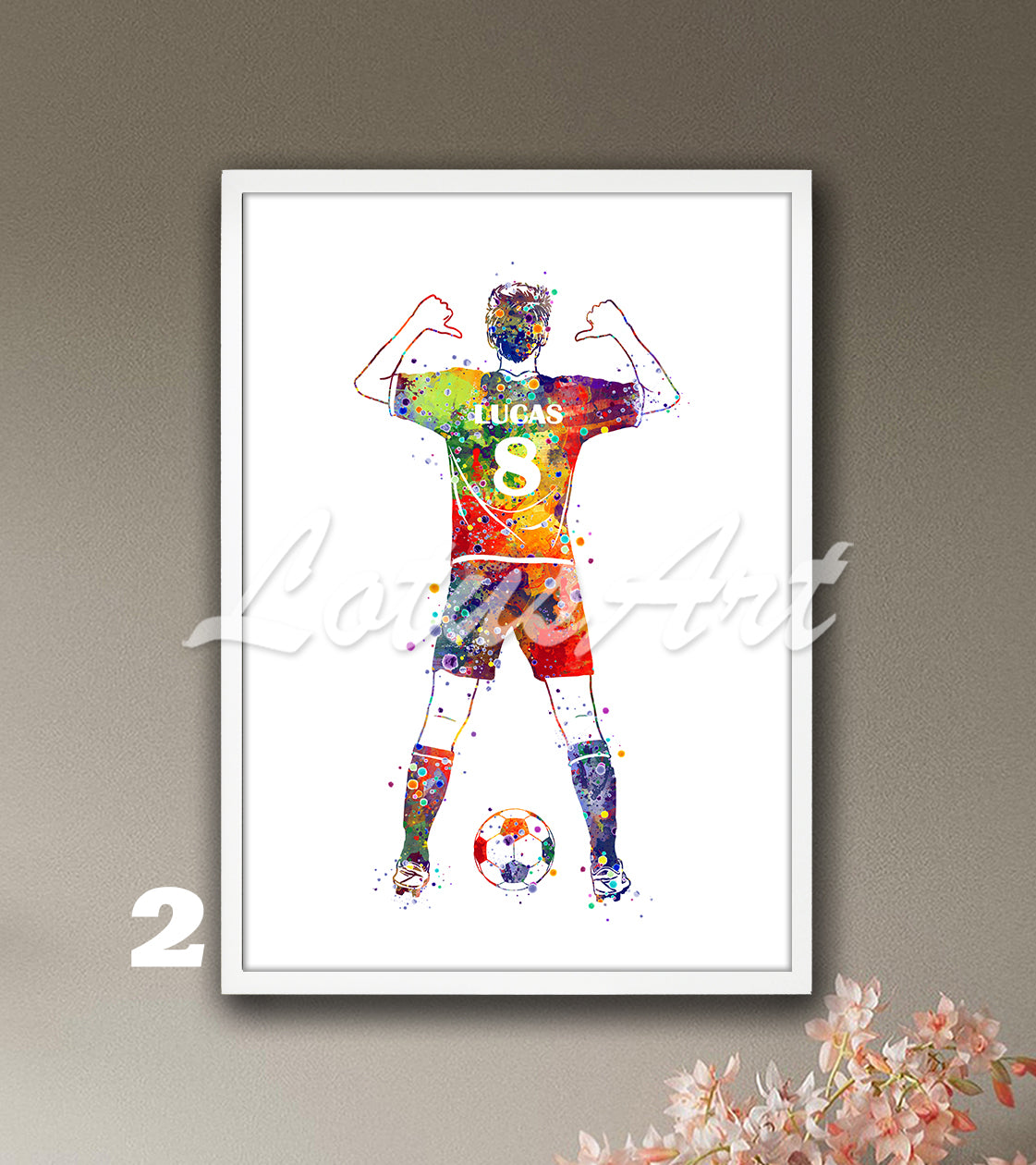 Custom sports art print showing a male soccer player – multicolor watercolor painting with name and jersey number.