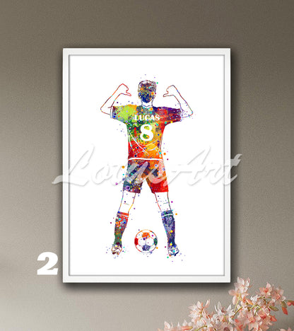 Custom sports art print showing a male soccer player – multicolor watercolor painting with name and jersey number.