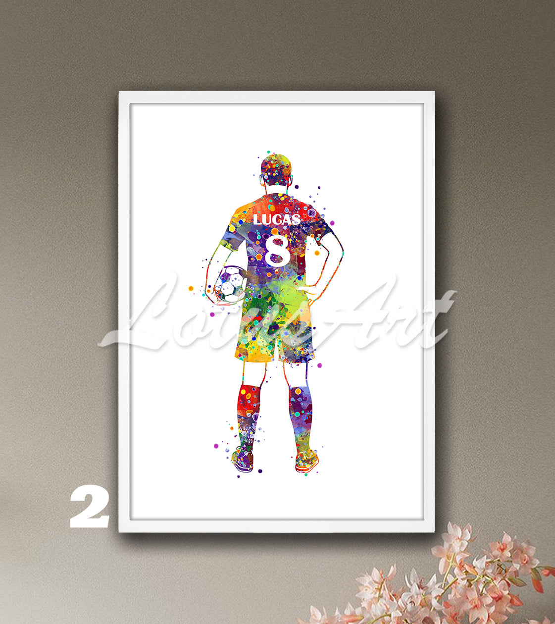 Custom sports art print depicting a male soccer player – multicolor watercolor painting with name and jersey number.