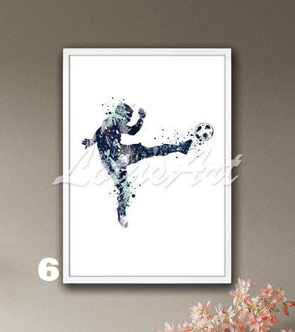 Boy soccer player watercolor sports artwork in navy & pastel teal tones - boys room wall decor