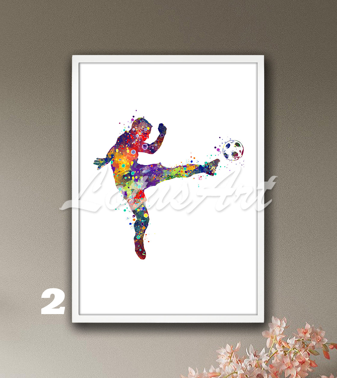 Sports art print depicting a male soccer player – multicolor watercolor painting on white background.