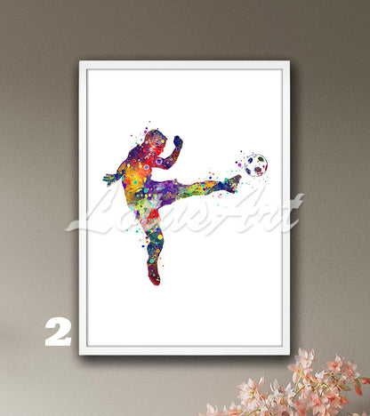 Sports art print depicting a male soccer player – multicolor watercolor painting on white background.